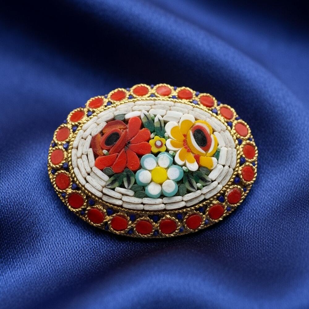 Vintage Italian Micro Mosaic Glass Floral Brooch-Gold Tone-Millefiori Pin-Italy